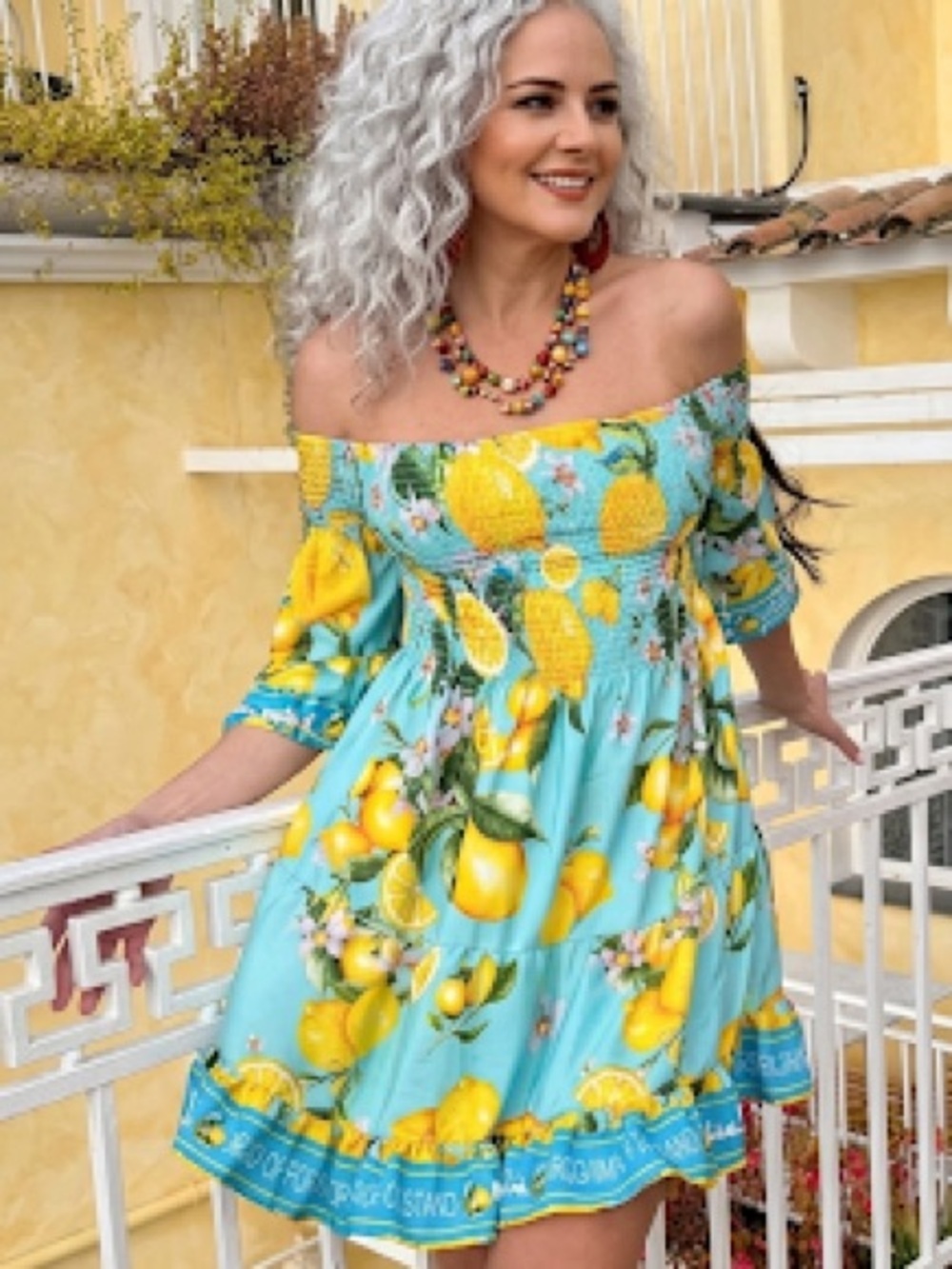 Antica Sartoria Off-Shoulder Lemon Print Summer Dress in Aqua O/S Polyester